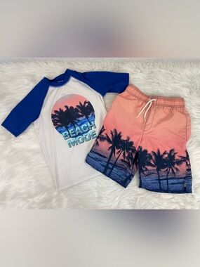 'Beach Mode' Kids Rashguard swim Shorts Set, L (10/12)